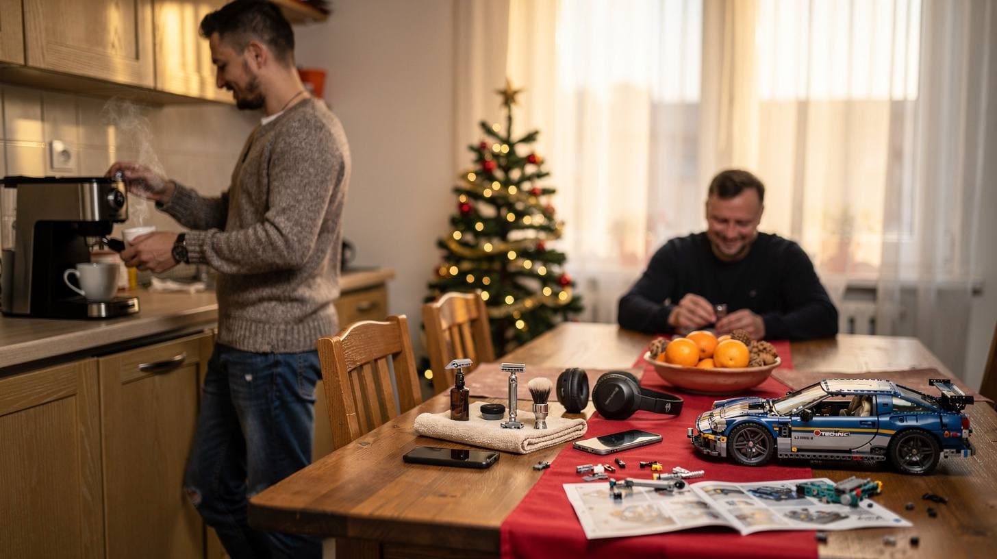 Doi bărbați într-o cameră cu brad de Crăciun, lângă o masă cu o mașină de jucărie și un set de bărbierit.