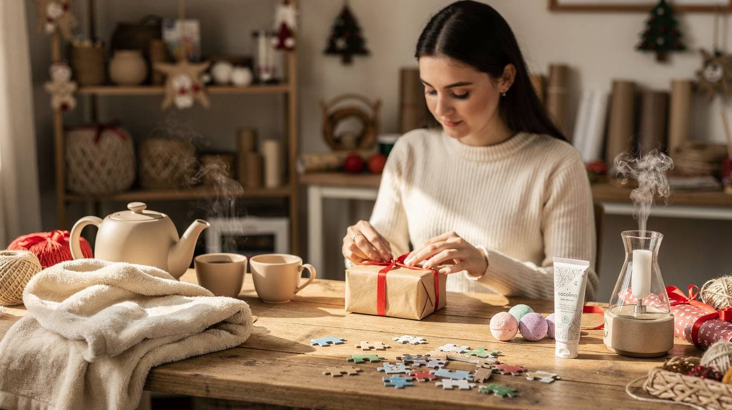 O femeie împachetează un cadou de Secret Santa într-o atmosferă caldă și festivă.