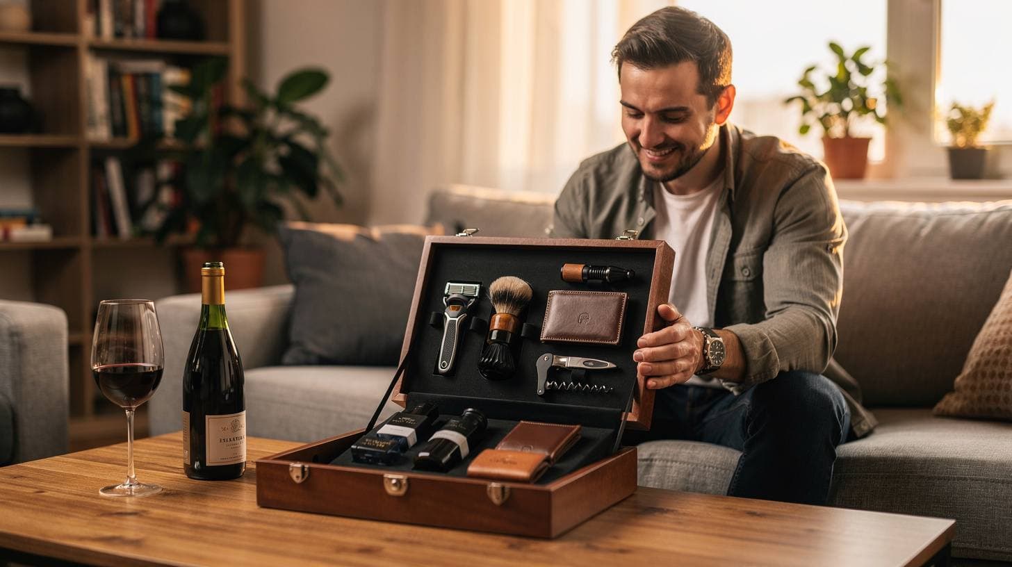 Un bărbat zâmbind în timp ce deschide un set cadou elegant cu accesorii masculine.